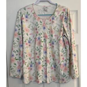 COTN Pajama Top Women XL Long Sleeve‎ White Floral Soft Pleated Grandmacore
